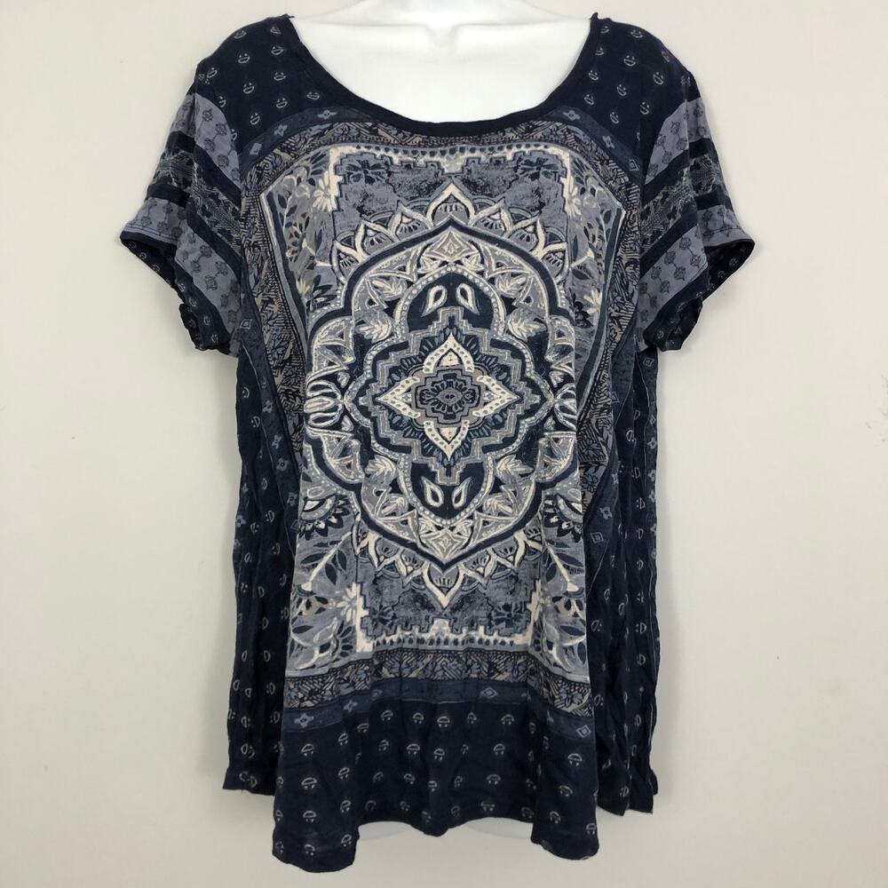 Lucky Brand Floral Medallion Top Womens 1X Navy Blue Boho Geometric Diamond